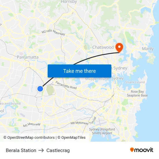 Berala Station to Castlecrag map