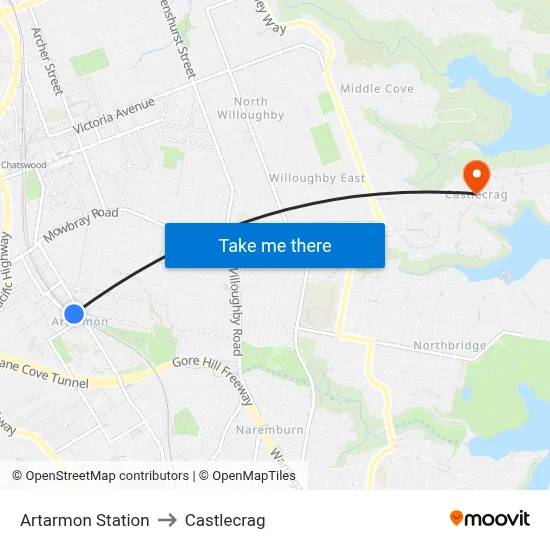 Artarmon Station to Castlecrag map