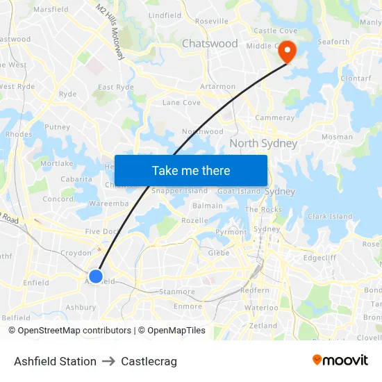 Ashfield Station to Castlecrag map