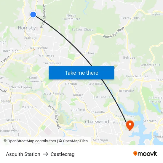 Asquith Station to Castlecrag map