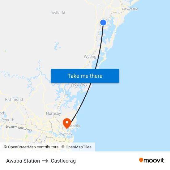 Awaba Station to Castlecrag map