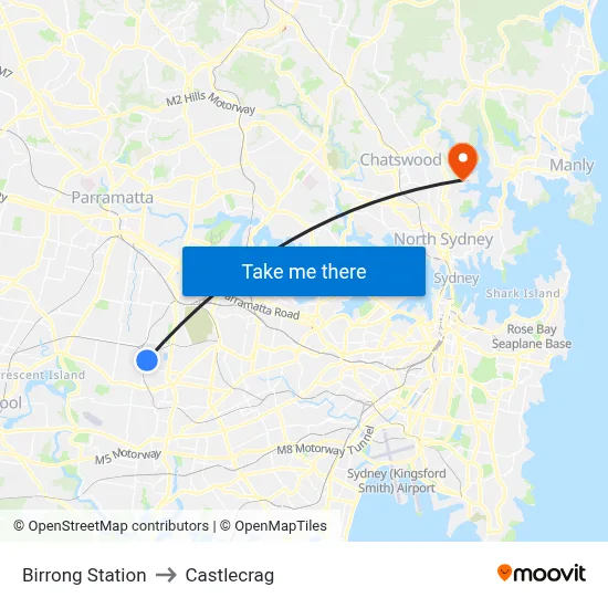 Birrong Station to Castlecrag map
