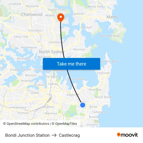 Bondi Junction Station to Castlecrag map