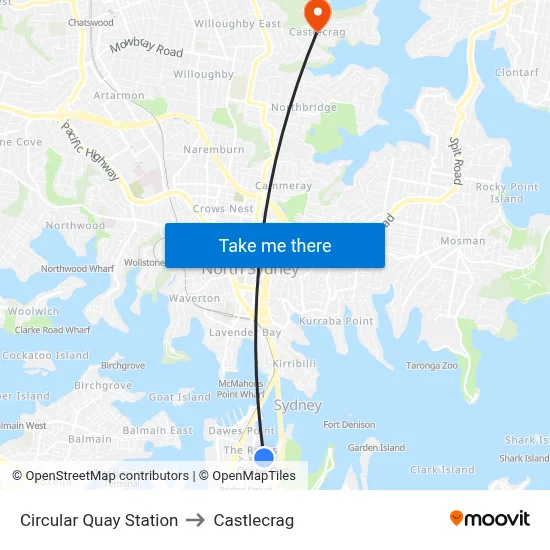Circular Quay Station to Castlecrag map