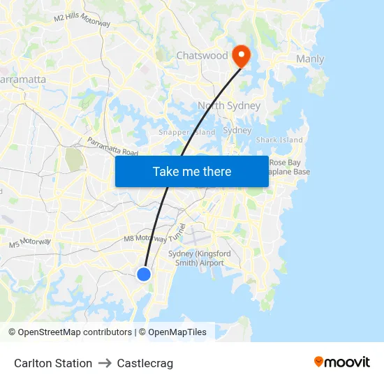 Carlton Station to Castlecrag map