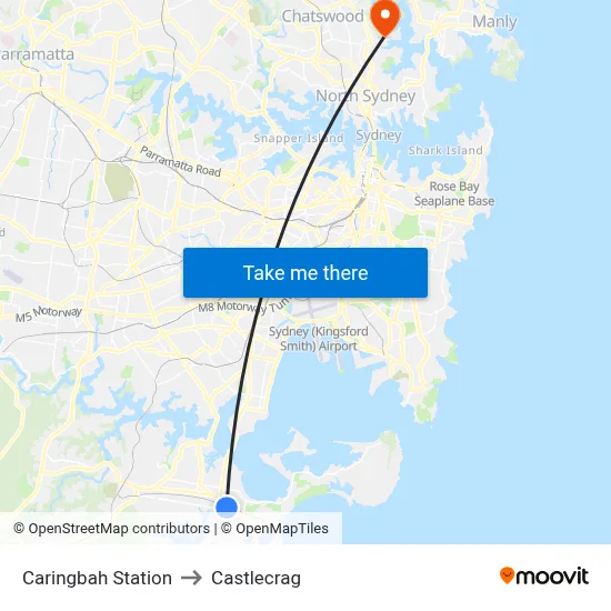 Caringbah Station to Castlecrag map