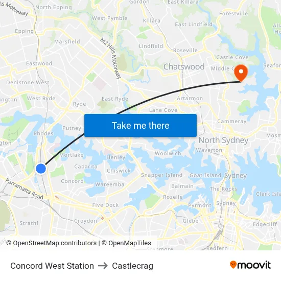 Concord West Station to Castlecrag map