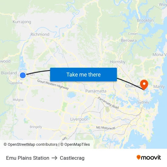 Emu Plains Station to Castlecrag map