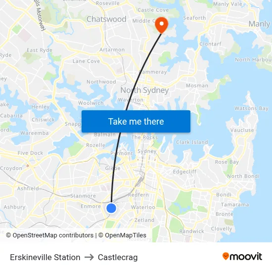 Erskineville Station to Castlecrag map