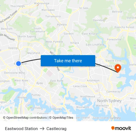 Eastwood Station to Castlecrag map