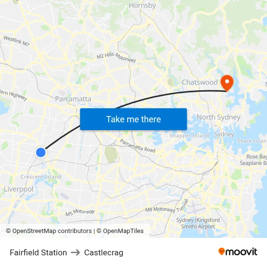 Fairfield Station to Castlecrag map