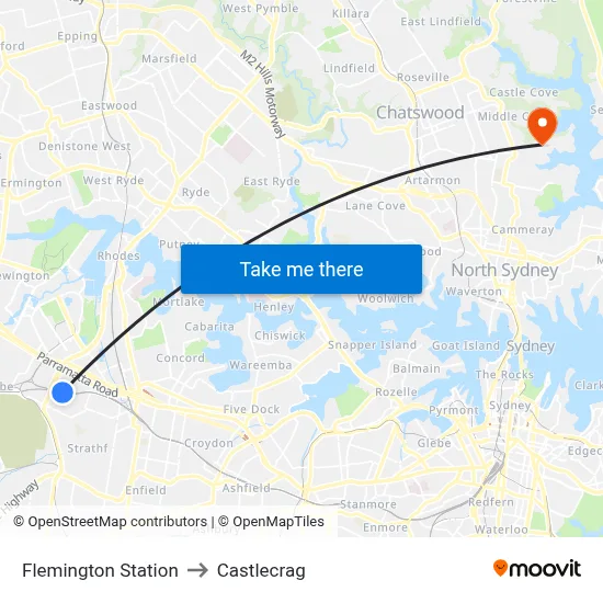 Flemington Station to Castlecrag map