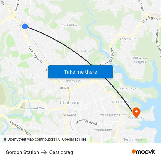 Gordon Station to Castlecrag map