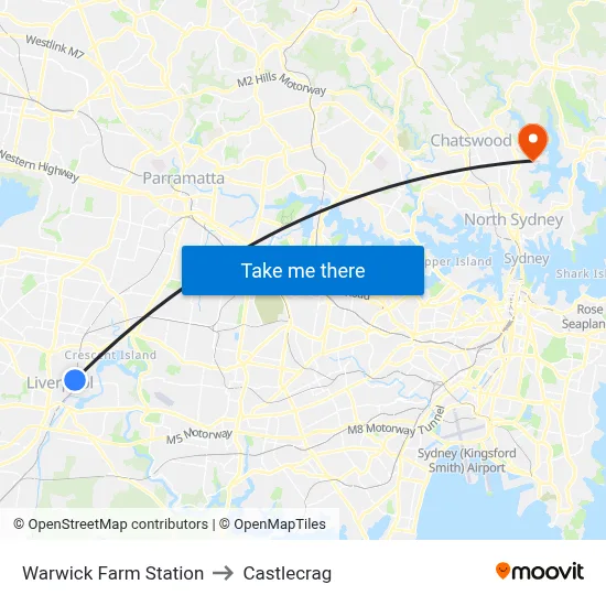 Warwick Farm Station to Castlecrag map