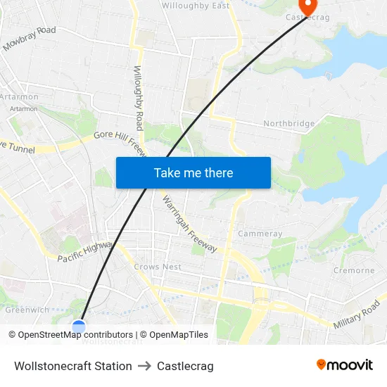 Wollstonecraft Station to Castlecrag map