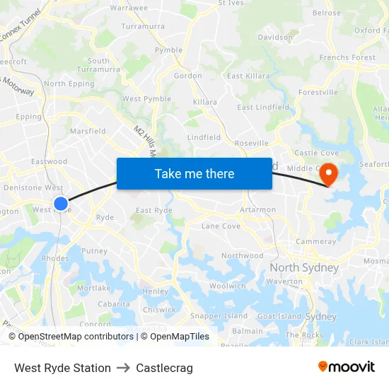 West Ryde Station to Castlecrag map