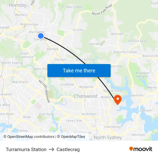 Turramurra Station to Castlecrag map