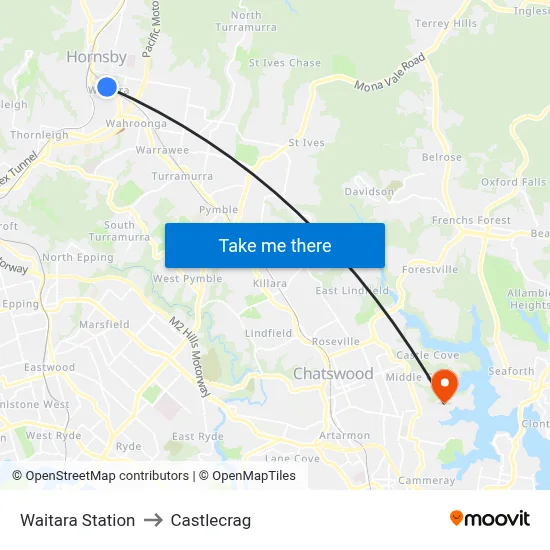 Waitara Station to Castlecrag map
