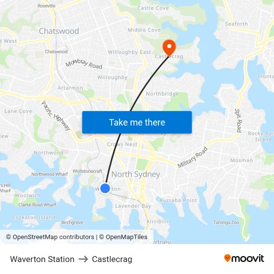 Waverton Station to Castlecrag map
