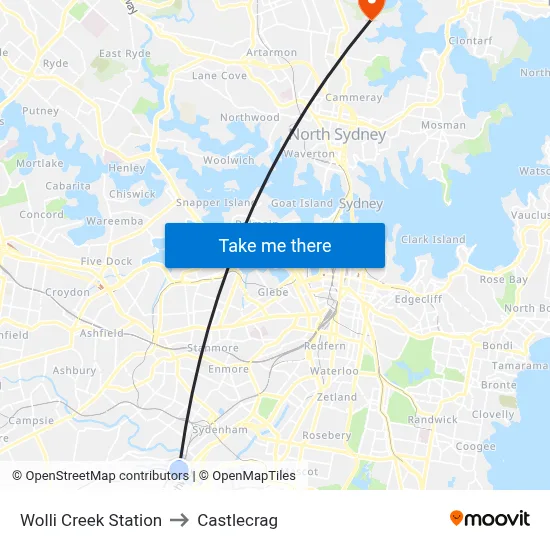 Wolli Creek Station to Castlecrag map