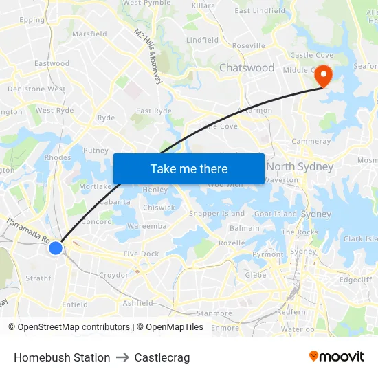 Homebush Station to Castlecrag map