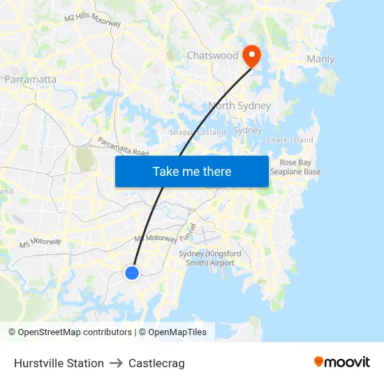 Hurstville Station to Castlecrag map