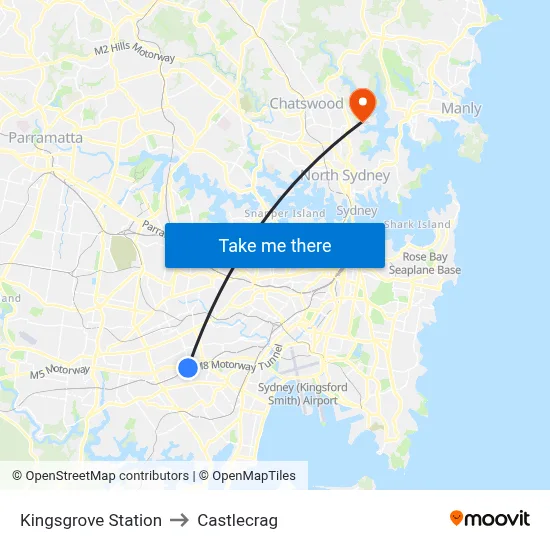 Kingsgrove Station to Castlecrag map