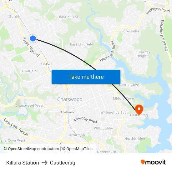 Killara Station to Castlecrag map