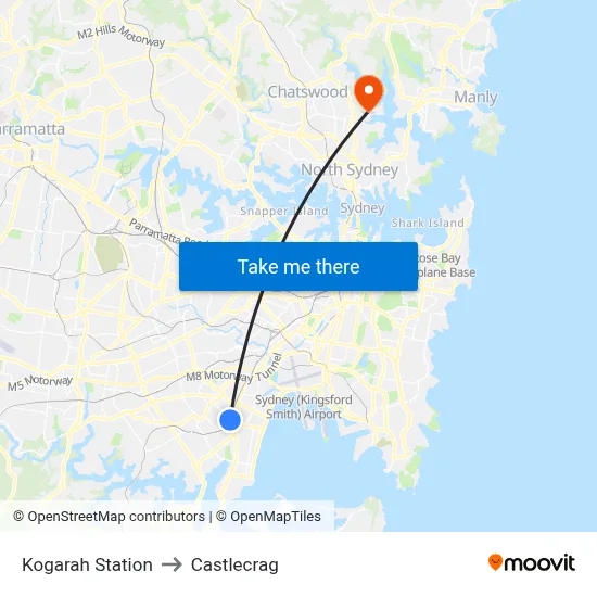 Kogarah Station to Castlecrag map