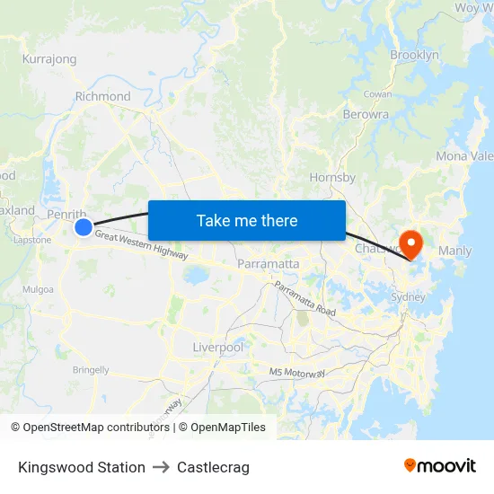 Kingswood Station to Castlecrag map