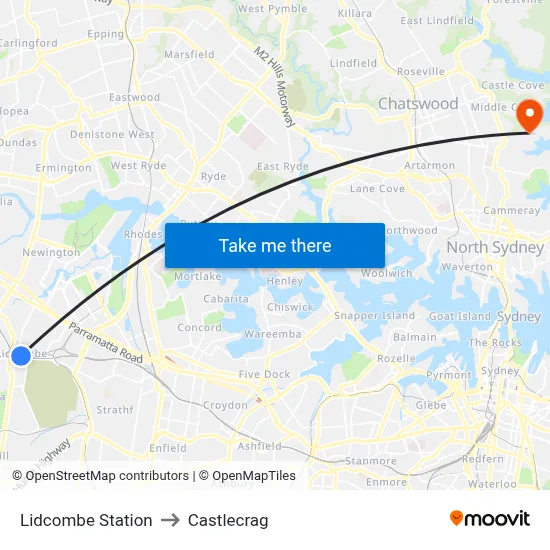 Lidcombe Station to Castlecrag map