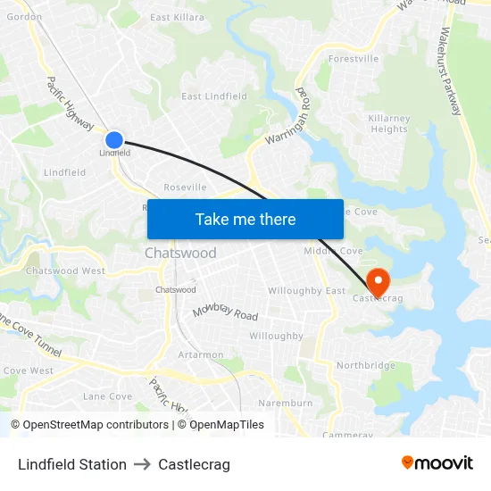 Lindfield Station to Castlecrag map