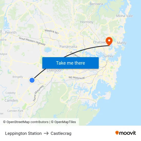 Leppington Station to Castlecrag map