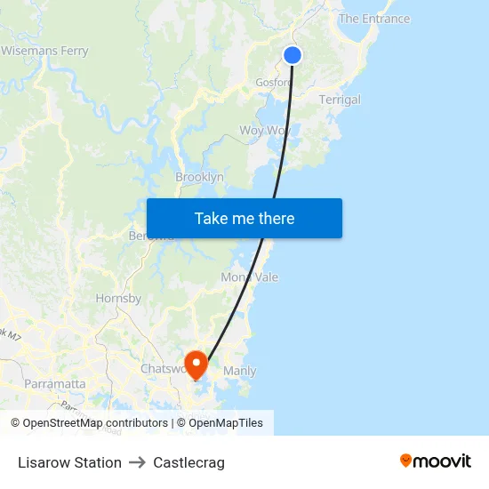 Lisarow Station to Castlecrag map