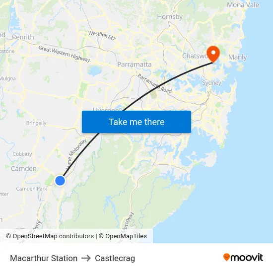Macarthur Station to Castlecrag map