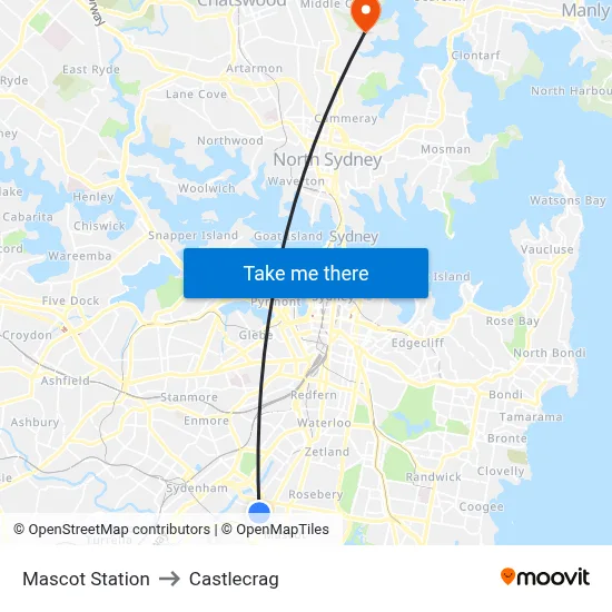 Mascot Station to Castlecrag map