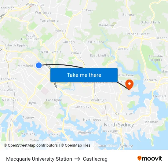 Macquarie University Station to Castlecrag map