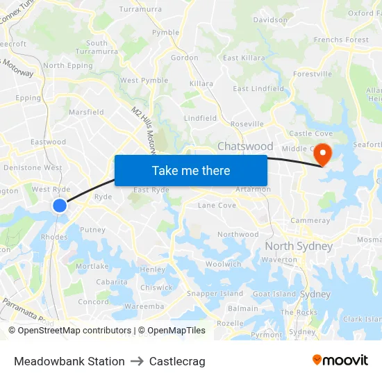 Meadowbank Station to Castlecrag map