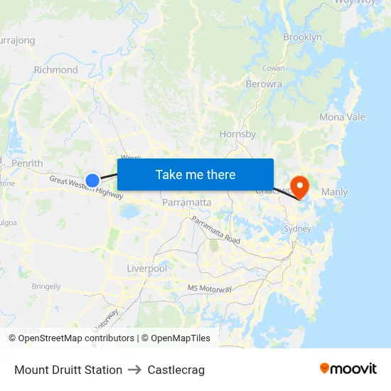 Mount Druitt Station to Castlecrag map
