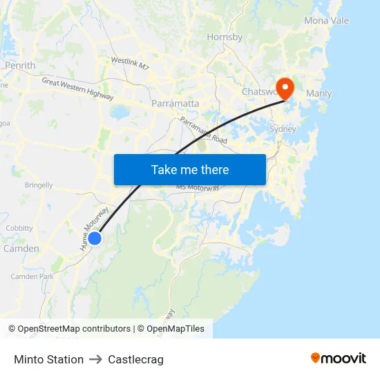 Minto Station to Castlecrag map