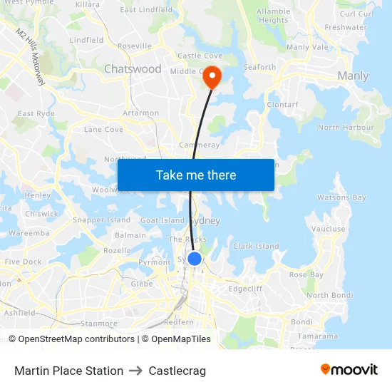 Martin Place Station to Castlecrag map