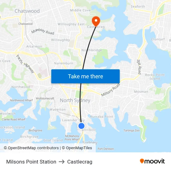 Milsons Point Station to Castlecrag map