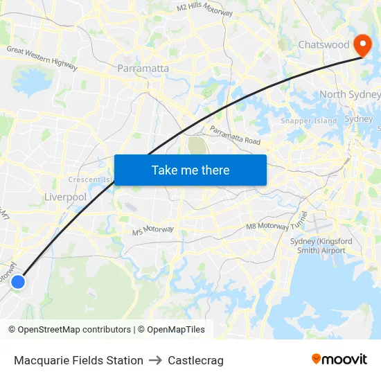 Macquarie Fields Station to Castlecrag map