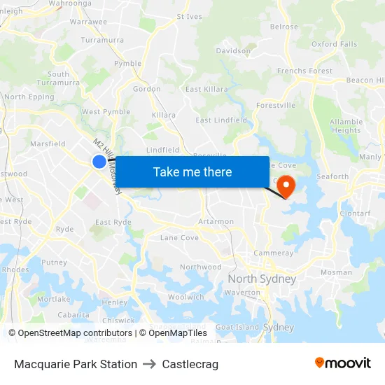 Macquarie Park Station to Castlecrag map