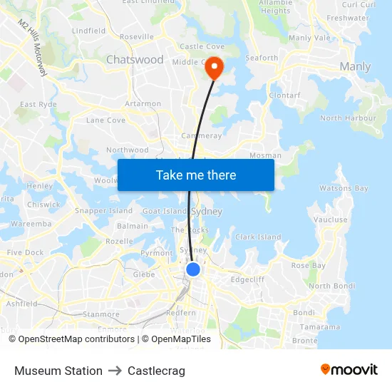 Museum Station to Castlecrag map