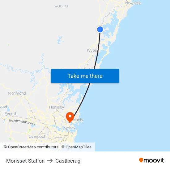 Morisset Station to Castlecrag map