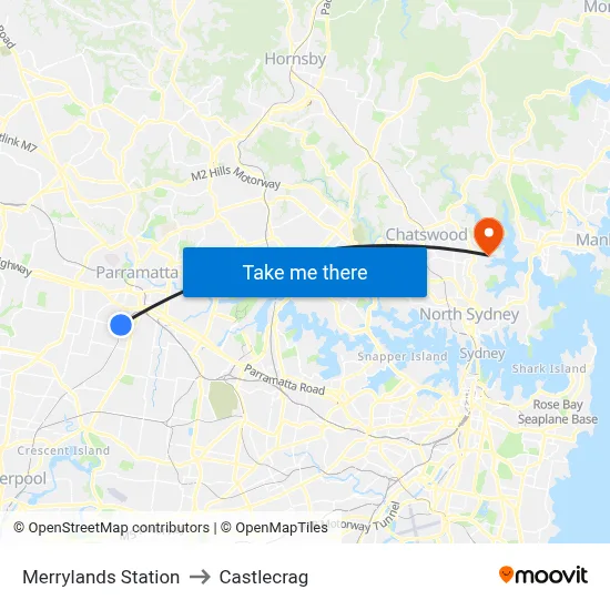 Merrylands Station to Castlecrag map
