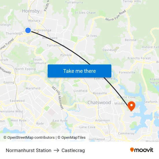 Normanhurst Station to Castlecrag map