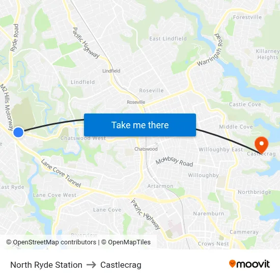 North Ryde Station to Castlecrag map