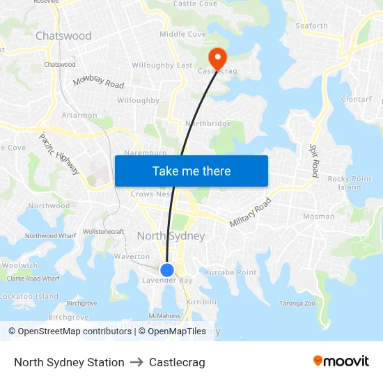 North Sydney Station to Castlecrag map